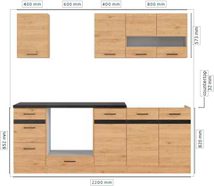 Junona Line kjøkkensett - Grafitt/Eik - 220 cm