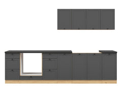 Junona Line kjøkkensett - Grafitt/Eik - 300 cm