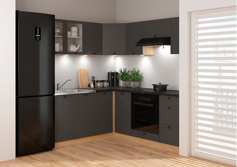 Junona Line kjøkkensett - Grafitt/Eik - 180x200 cm